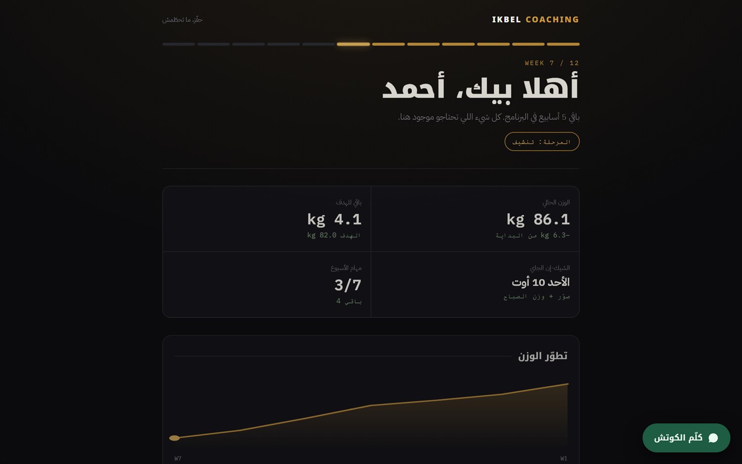 مساحة المتدرب مفتوحة على الحاسوب — الوزن، التقدّم ومهام الأسبوع